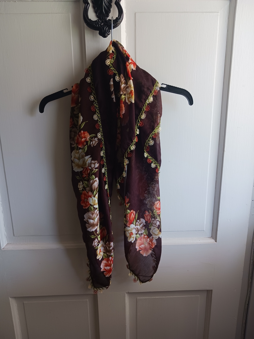 Turkish Oya Style Scarf Vintage Hijab Headscarf Bandana Brown Floral Design